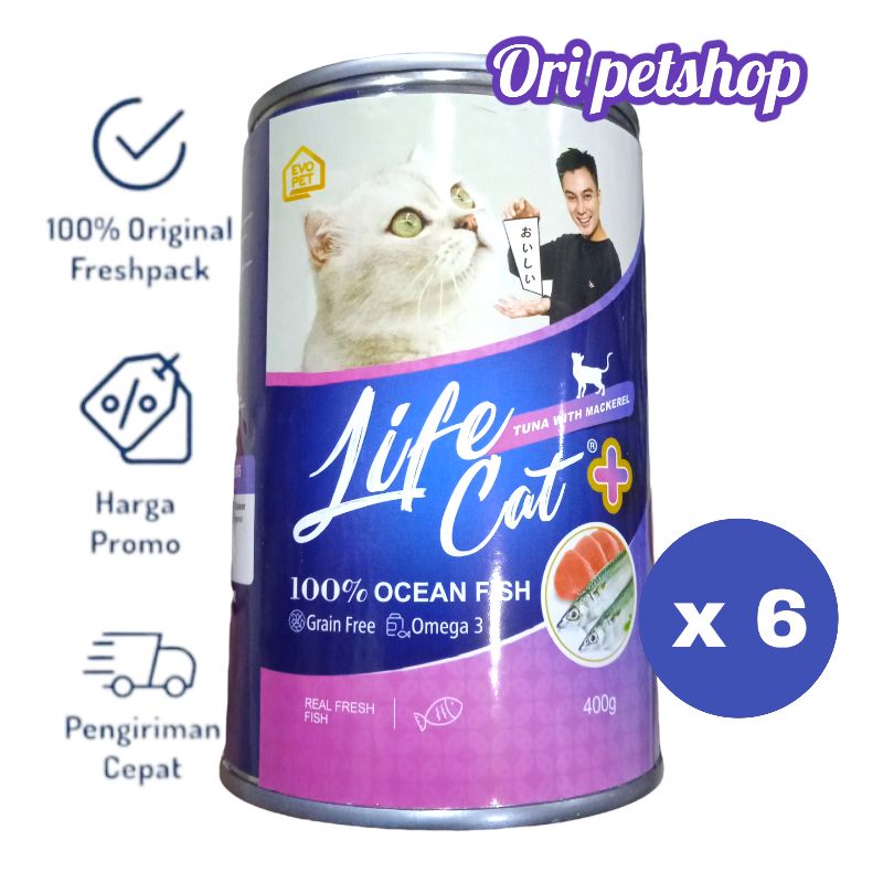 6 pcs - Life Cat Kaleng Plus 400gr Wet Cat Food - Ocean Tuna Fish With Makcerel