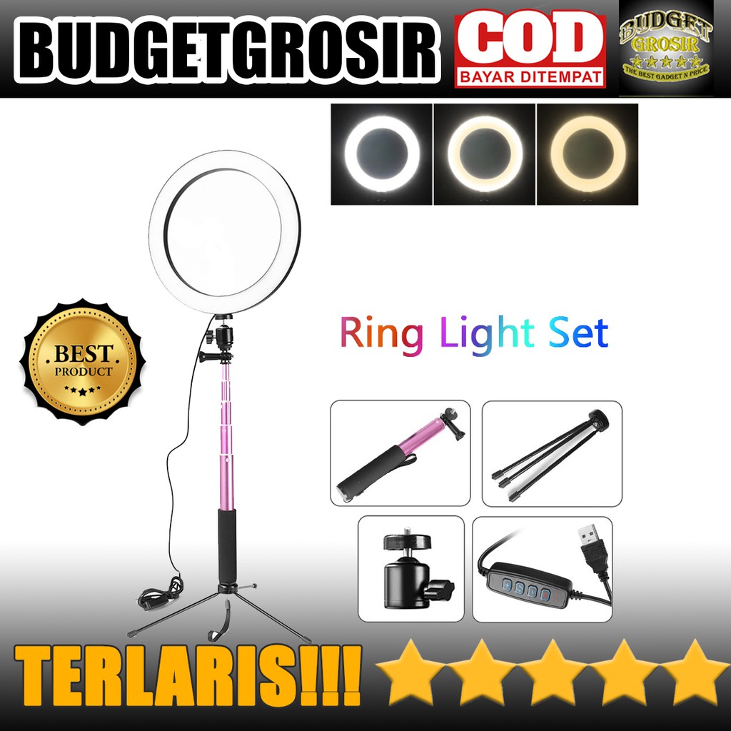 Lampu Halo Ring Light LED Kamera 16CM with Tongsis Tripod - EL940008A--TaffSTUDIO