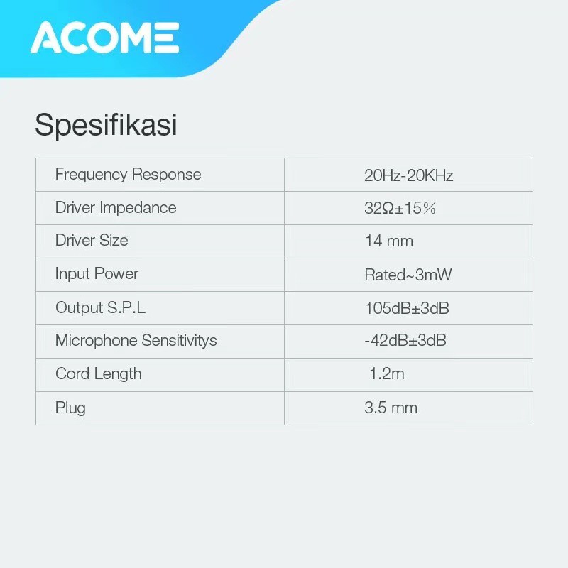 Acome Wired Earphone Headset 14mm Diafragma Clear Audio Garansi Resmi 1 Tahun AW01