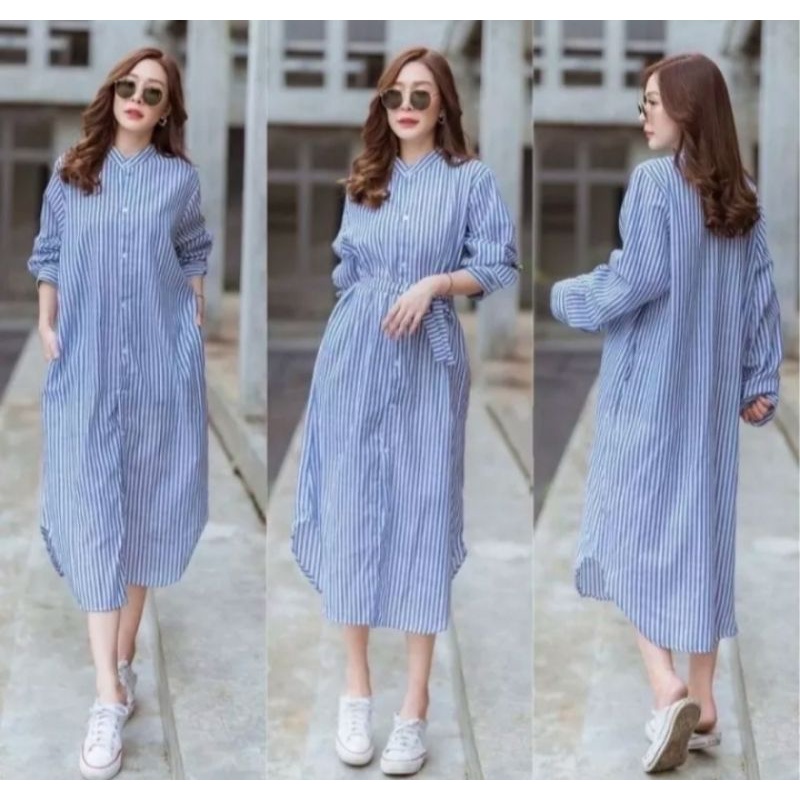 Cassandra Midi Dress// Dress Stripe Wanita Terbaru// Dress Full Kancing Kekinian// Lengan Panjang Tali Pinggang Terpisah// Bisa COD