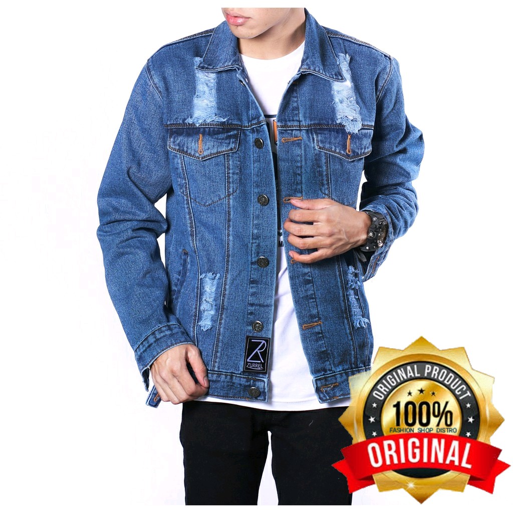 PROMO BISA COD] Jaket Jeans Pria Sobek / Jaket Jeans Ripped Pria Biru Muda Murah Gaya (2pcs-1kg