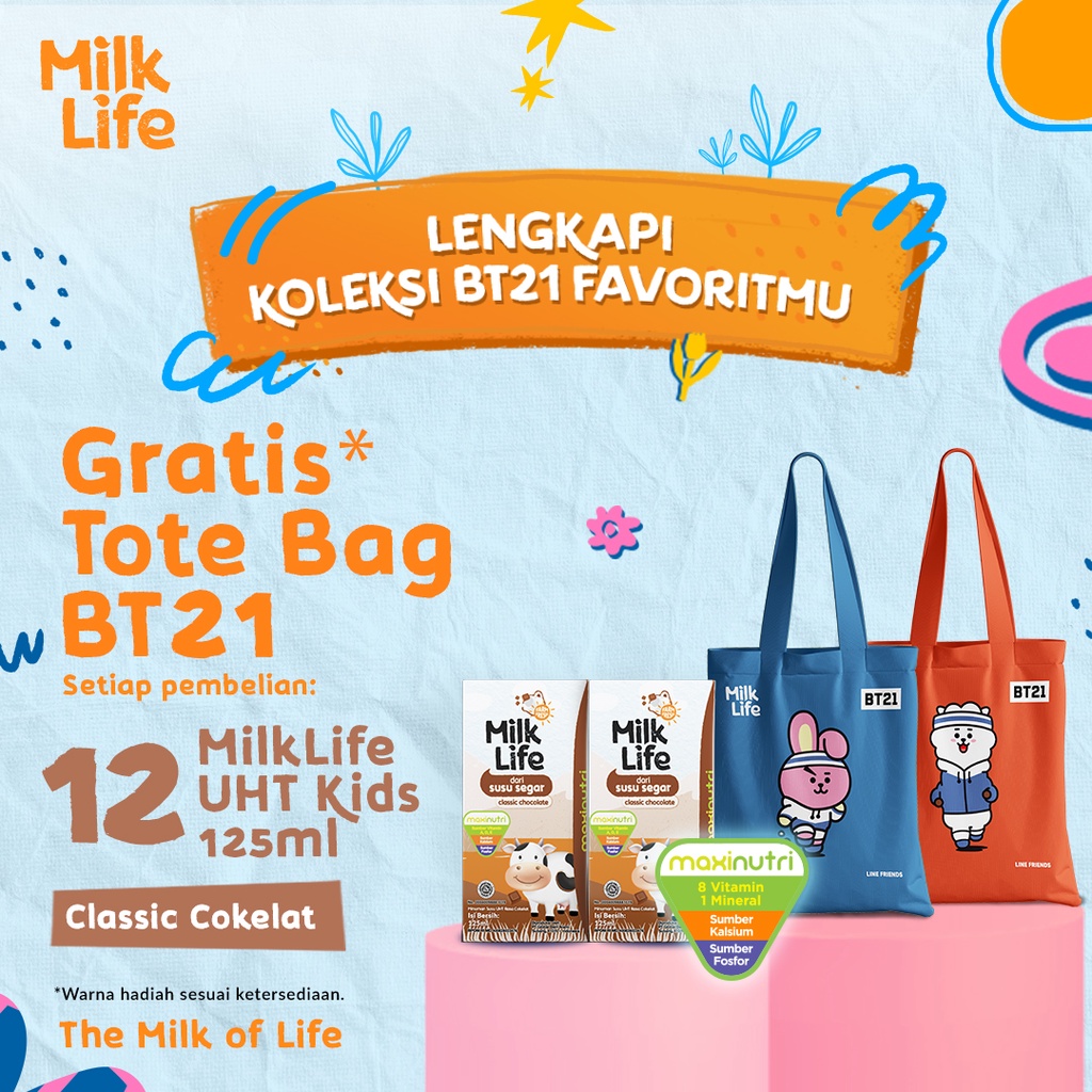 MilkLife Classic Cokelat - UHT Kids [12 pcs/Tetra Slim Leaf 125 ml] - FREE Tote Bag Special BT21