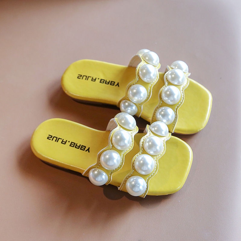 Sandal anak perempuan sandal mutiara lucu bagian bawah lembut non-slip kulit PU flip-flop