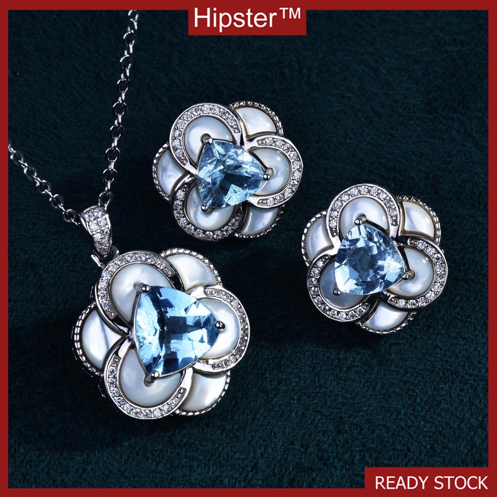 925 Silver Natural Topaz Four-Leaf Clover Pendant Earrings Jewelry Set for Women