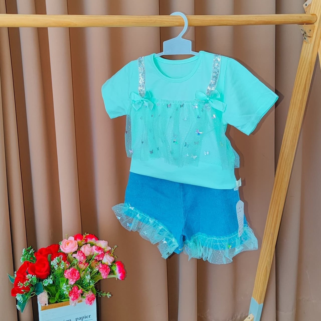 Promo !! Setelan baju anak perempuan / setelan rope furing butterfly hologram ukuran 1-4tahun / Setelan anak import trendy