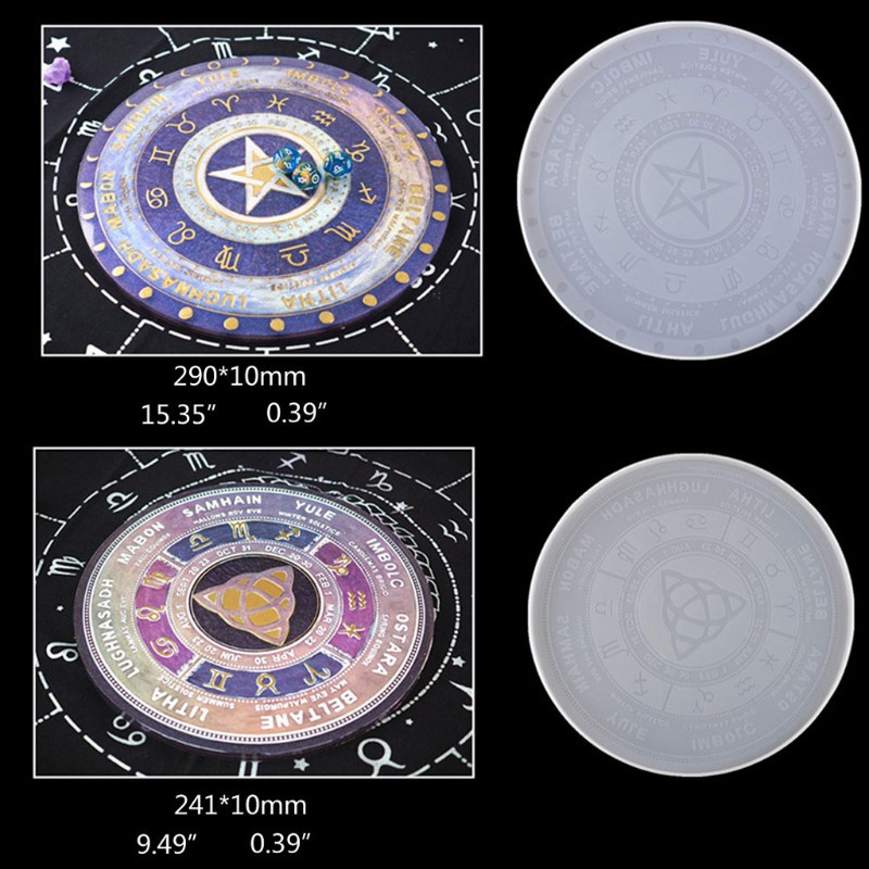 Glitter 4Pcs Pendulum Astrology Zodiac Board Epoxy Resin Mold The Sun Moon Star Tarot Card Tray Round Resin Mold Witchcraft Tool