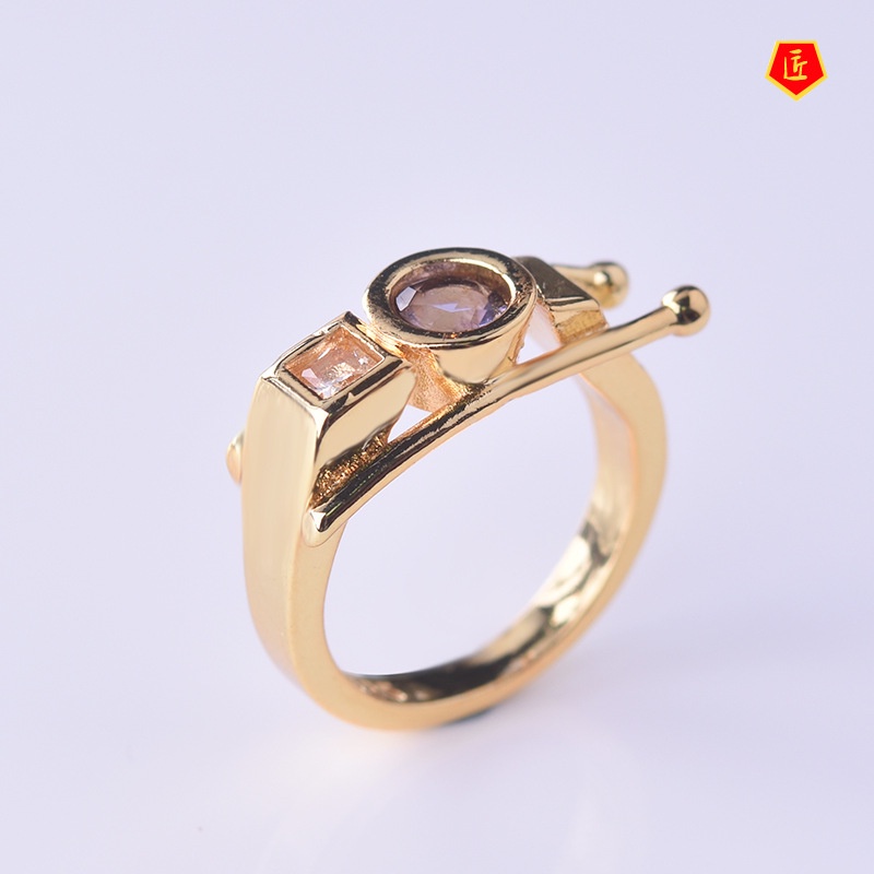 [Ready Stock]Creative Geometric Shaped 18K Gold Diamond-Studded Ring