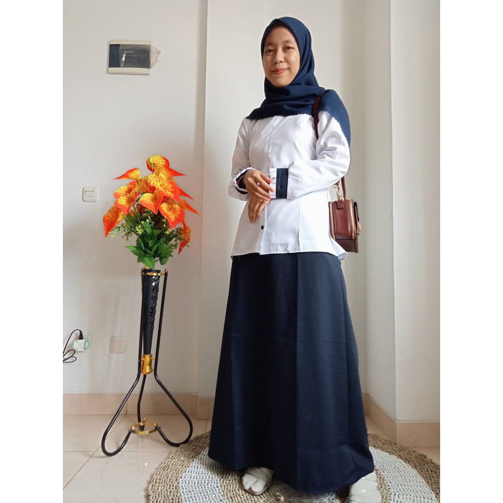gamis semirok putih navy bahan toyobo / seragam pns/ wanita/ guru