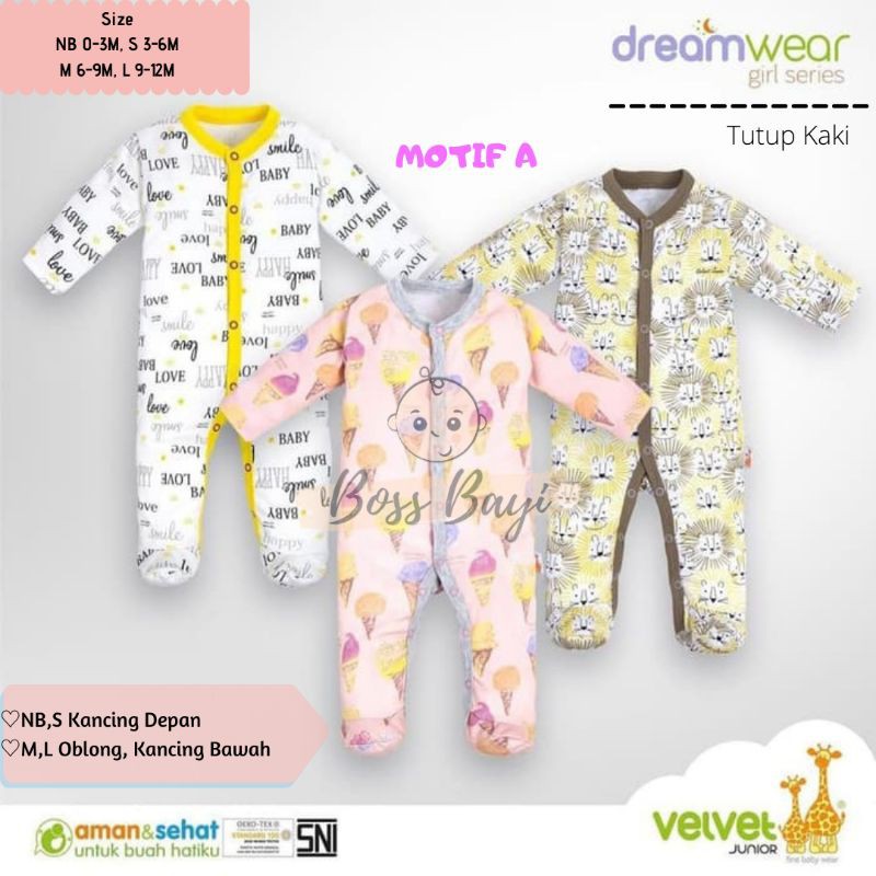 VELVET JUNIOR Dreamwear sleepsuit kancing depan/oblong kancing bawah tutup kaki NB,SML