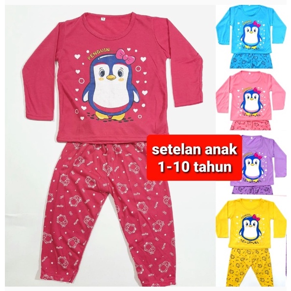 setelan kaos anak 1- 10 tahun perempuan celana lengan panjang PP baju tidur SML XL cewek pinguin grosir