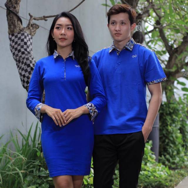 Kaos Polo Batik Couple Biru M L XL