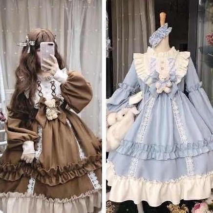 Retro lace ribbon lotus leaf laminated high waist lolita dress