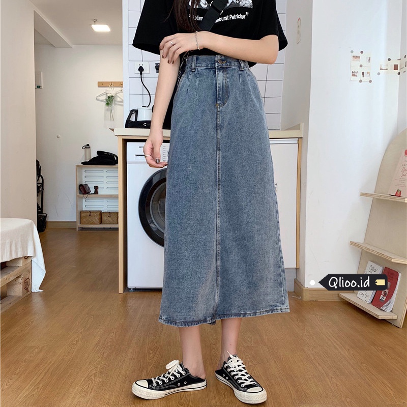 Korea Style Rok denim A-line pinggang elastis busana gaya Korea