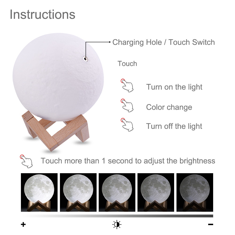 Lampu Tidur 3D Printed Moon Night Light Table Lamp 12 cm