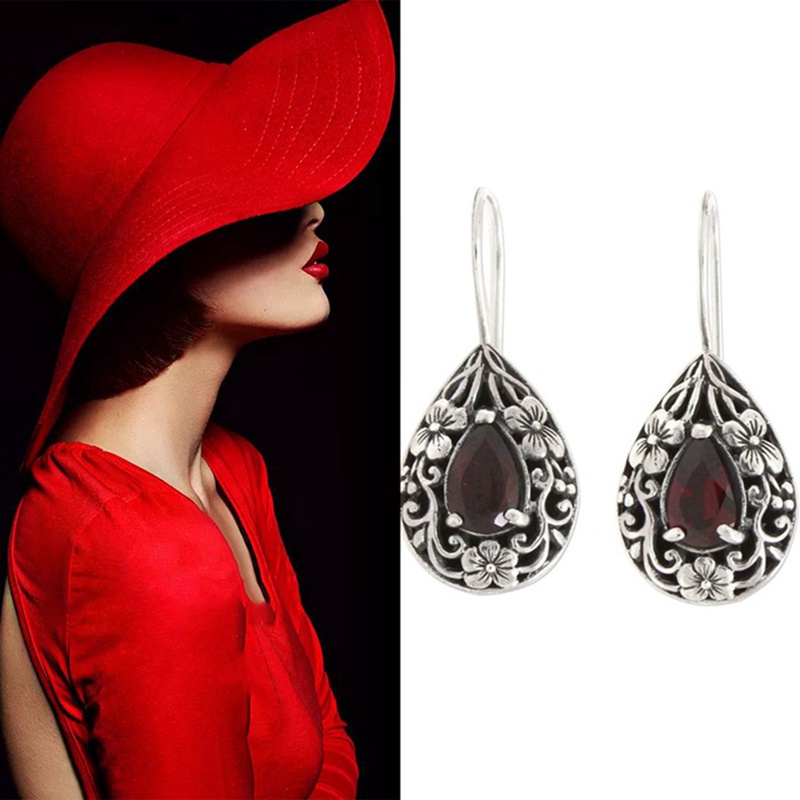 Fancyqube Anting Kait Gantung Wanita Bahan Sterling Silver 925 Desain Ukiran Bunga + Ruby Gaya Vintage Untuk Pesta