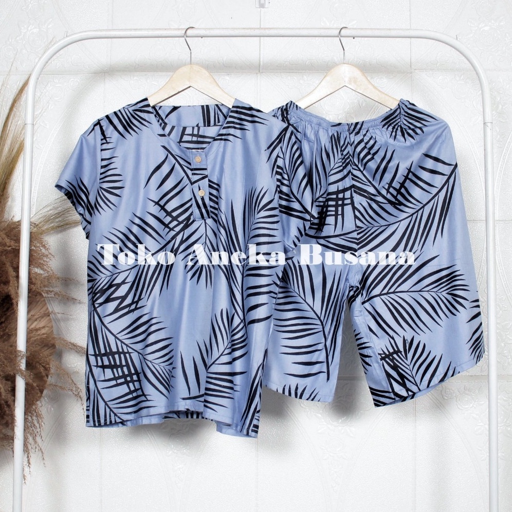 Setelan Baju Tidur Piyama Pendek Rayon 3/4 Motif Daun