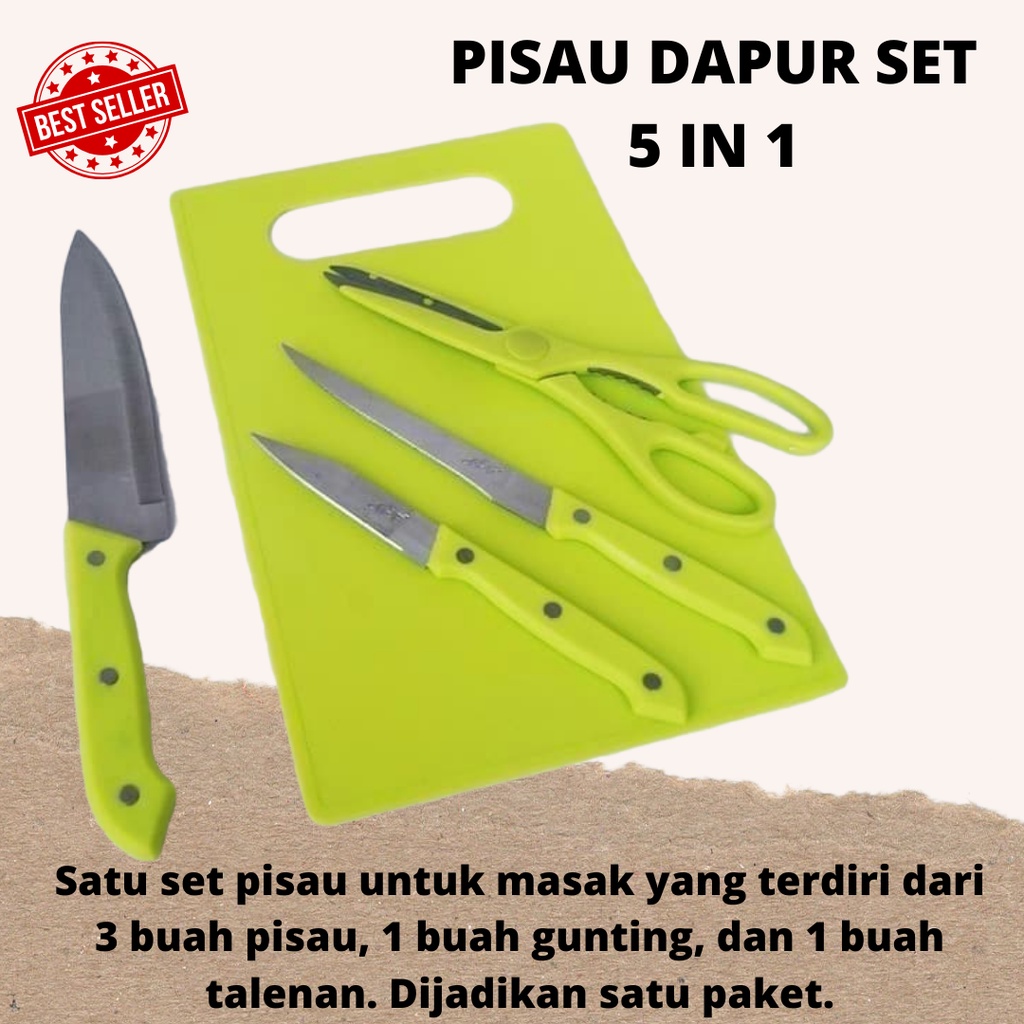 【GERAI FATIN】Talenan Set 5 in 1 Pisau Dapur + Talenan + Gunting Dapur Koki Kitchen [FREE BUBBLE]