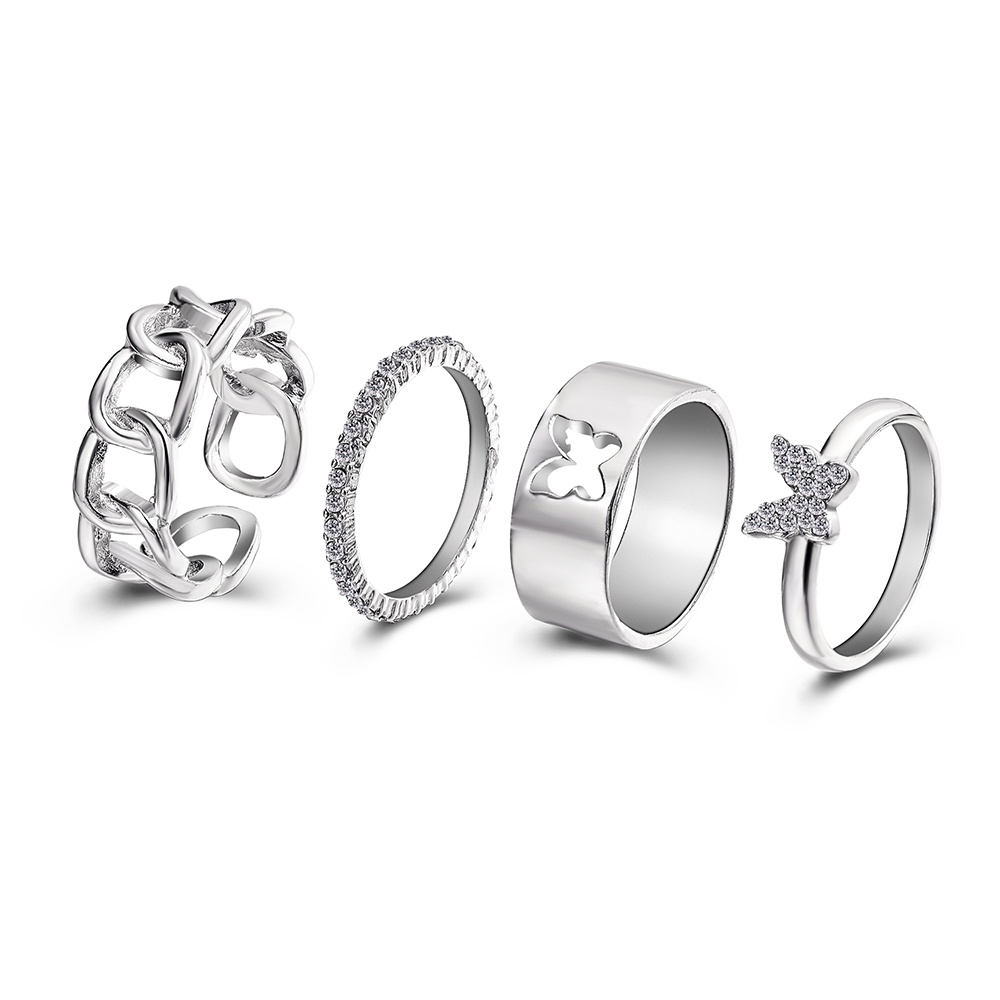 Fashion Crystal Butterfly Ring Set Simple Hollow Silver Rings for Women Jewelry Accessories