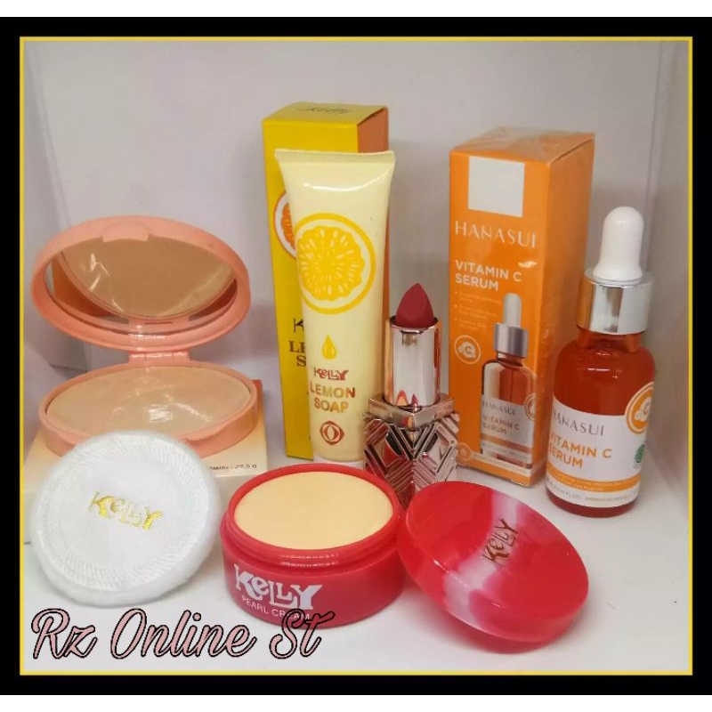 Paket Kelly 5 in 1 Plus Serum Hanasui kuning - Pearl Cream Kelly 15gr + Kelly Lemon Soap 15gram + Be