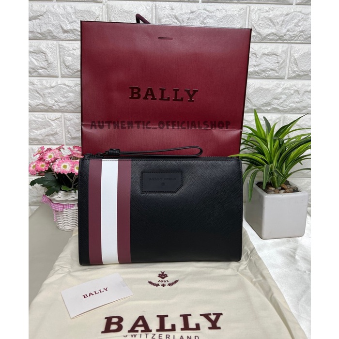 Bally Clutch Bag in Saffiano Leather With Striped Band Original