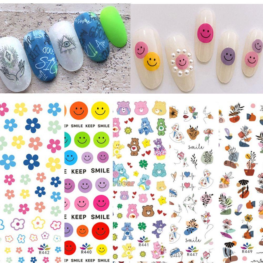 NEEDWAY Nail Art Stiker Tahan Air DIY Fashion Wanita Smiley Face Awan Perekat Diri Bunga Angka Abstrak 3D Kuku Decal