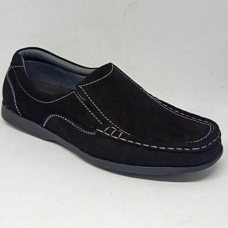 Sepatu Pria Casual Moccasin Kulit Nubuck Asli Navy Grammer