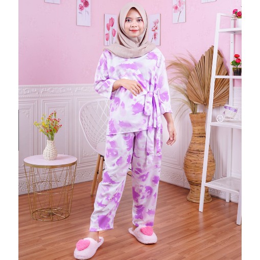 KIMONO PIYAMA TIE DYE CELANA PANJANG DAILY SET / PIYAMA SET UNGU LILAC BAJU TIDUR WANITA REMAJA