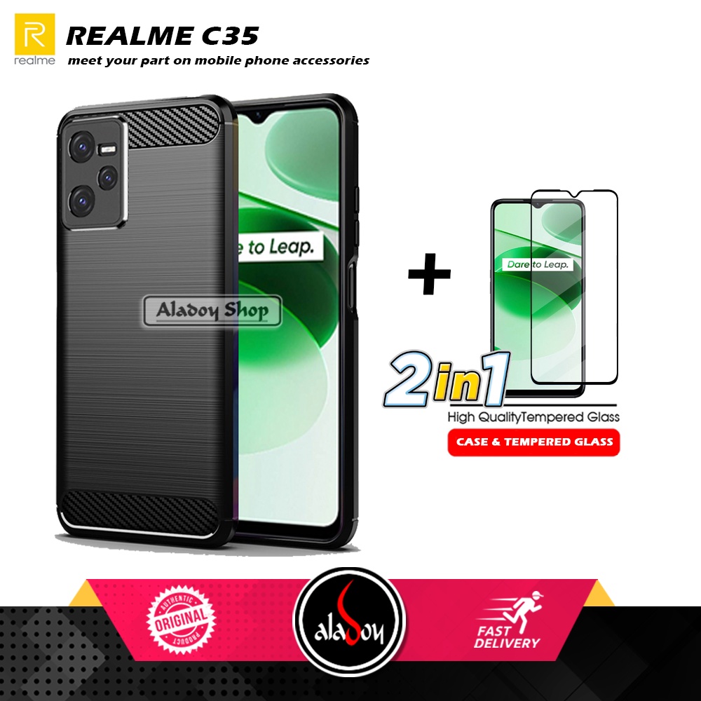 PAKET 2IN1 Case Realme C35 Ipaky Carbon Casing + Tempered Glass Layar Full Cover