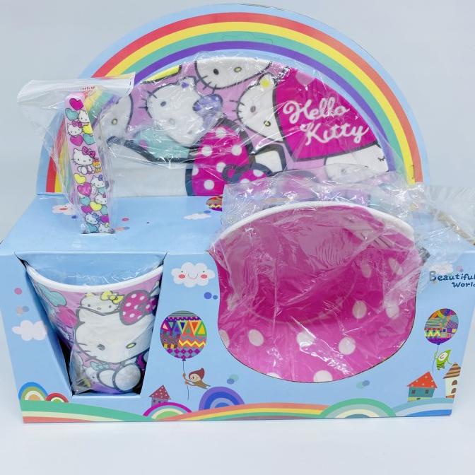 Set Peralatan Makan Anak Piring Mangkok Gelas Melamin Hello Kitty Pink