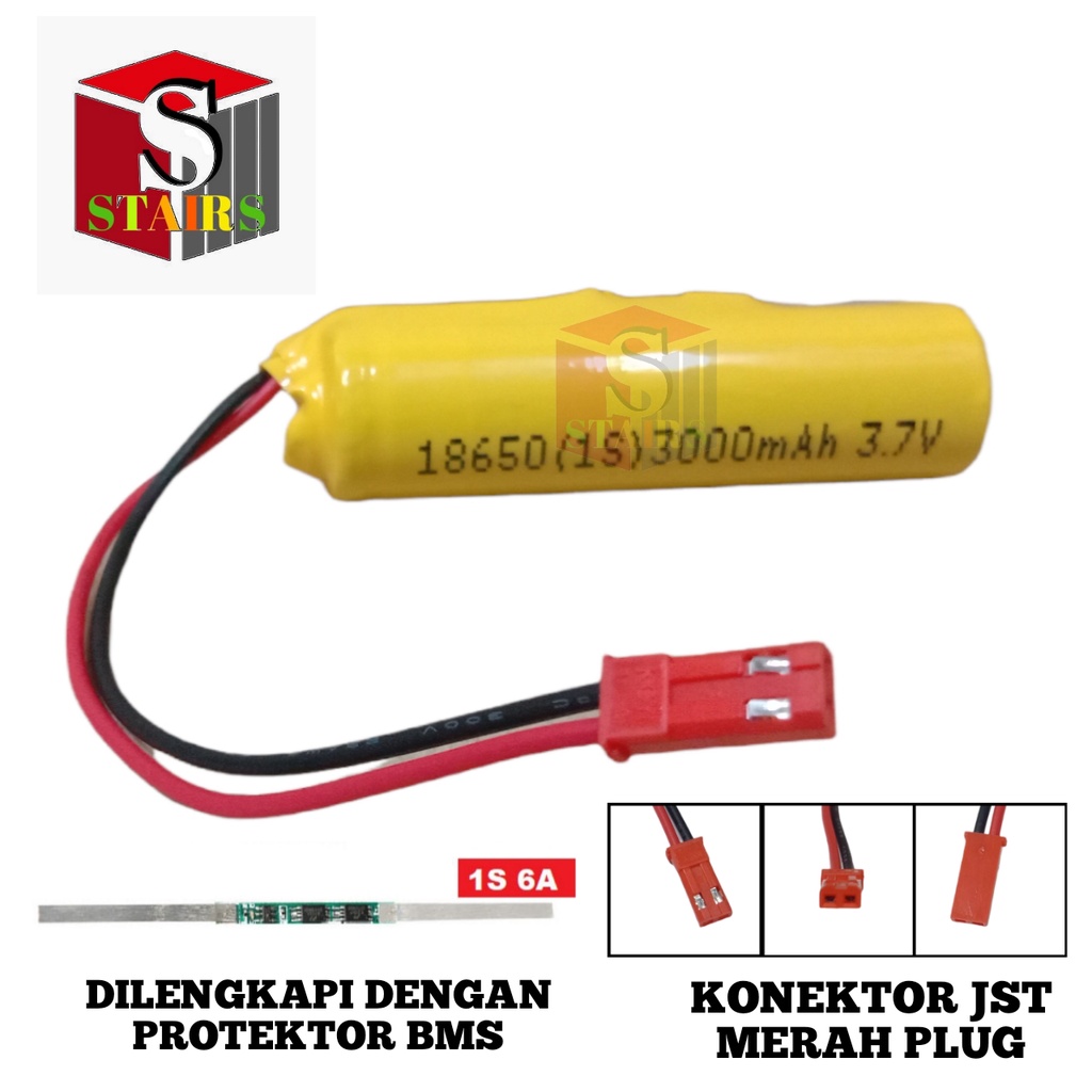 Baterai RC / Baterai Mainan Remot Control 1X 18650-1S 3000mAh 3,7V Protektor BMS 6A Konektor JST PLUG MERAH