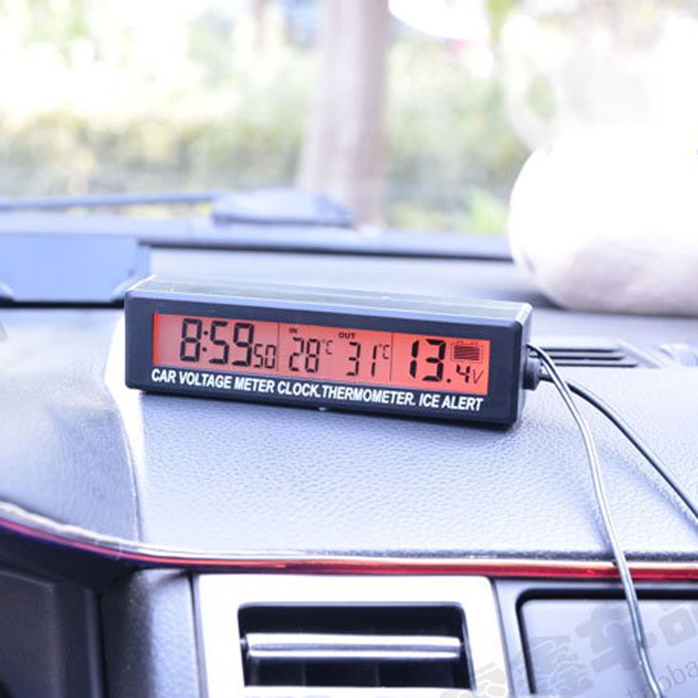 Jam Mobil Digital LCD Mini dengan Thermometer Suhu Monitor Voltase AKI