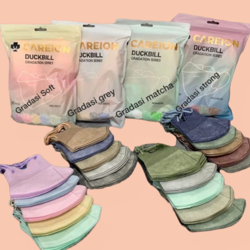 READY MASKER DUCKBILL CAREION CARE ION GRADATION GREY GRADATION SHRIMP PINK GRADASI GRADATION MATCHA SERIES ISI 50 LBR 3 PLY EMBOS CAREION