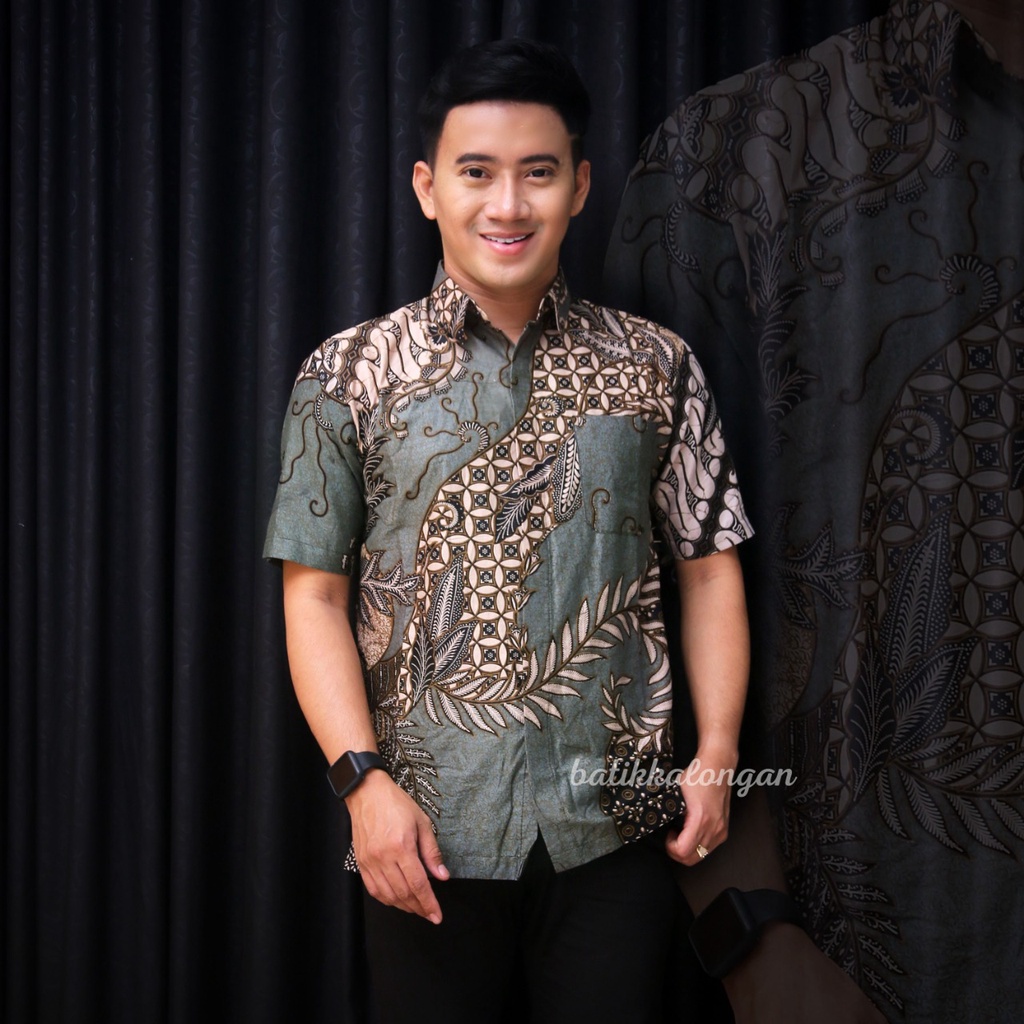 Batik Pria Lengan Pendek Premium BATIK AZMIL HRB026 motif KERATONAN Kode 002 size M L XL XXL