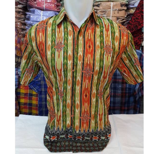 Jual KEMEJA BATIK DAYAK KALIMANTAN HIJAU ORANGE OREN LENGAN PENDEK ...