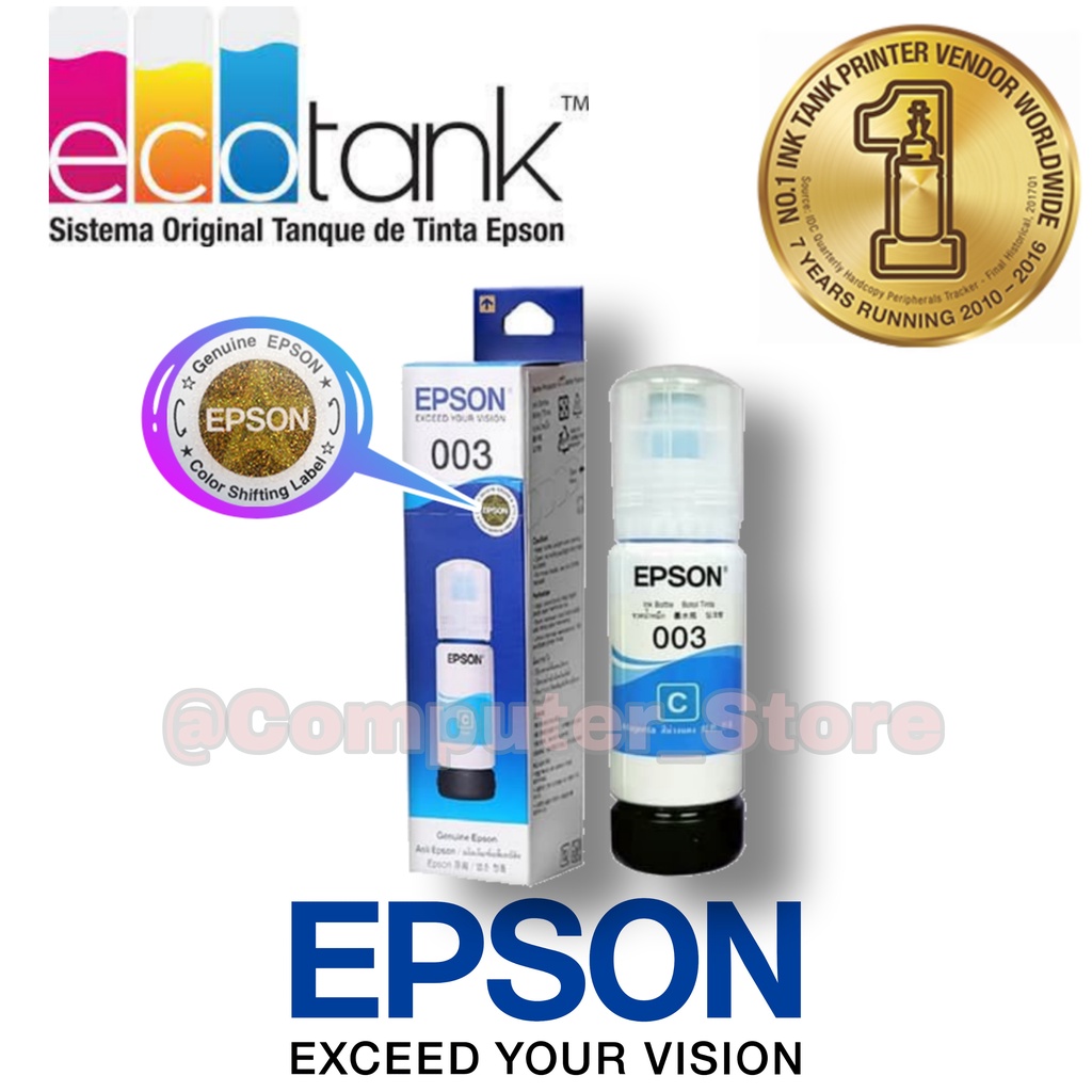 Epson Ink Bottles 003 Black Colour ( Cyan, Magenta, Yellow ) | Tinta Botol Printer Hitam Dan Warna Untuk Printer Epson Seri L3110, L1110, L1200, L3200, L5100, L3150, L5190, L3156, L3116 ( Hitam Biru Merah Kuning ) Geniune Origianl Bisa Scan Barcode