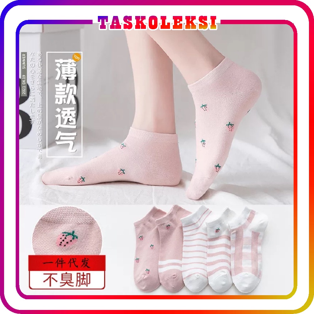 ☛TK☚ Kaos Kaki Wanita Motif Kotak Pink Strawberry Fashion Korea Women Sock Import R601