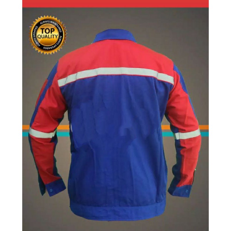 SERAGAM SAFETY RESLETING BIRU MERAH FREE LOGO K3 BENDERA BAHAN DRILL WEARPACK KATELPAK