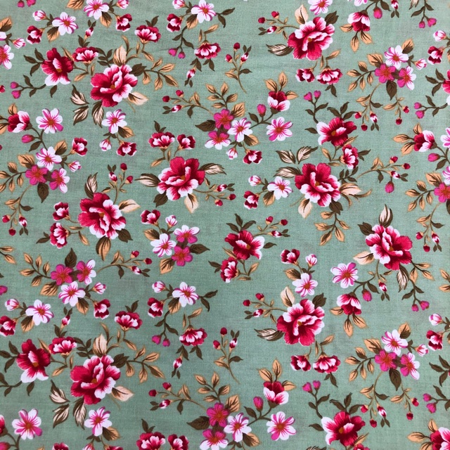 Kain katun Jepang motif bunga warna dasar hijau mint