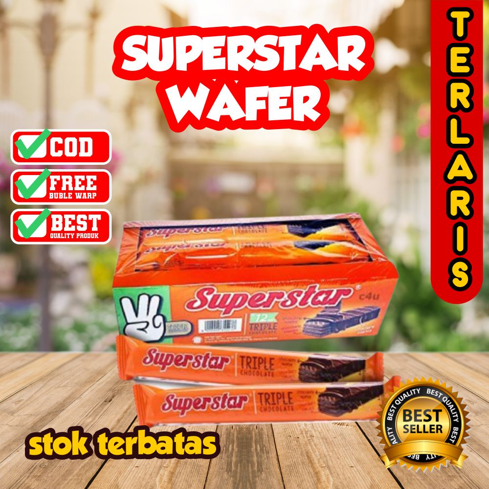 SUPERSTAR WAFER TRIPLE CHOCOLATE SNACK MAKANAN RINGAN BISKUIT KRIM COKLAT (1 BOX ISI 12 PCS) - CHOCOLATOS, TRICKS, YUPI