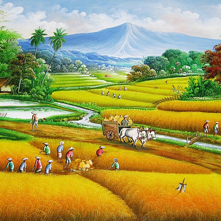 Lukisan Panen Raya Dengan Hamparan Sawah Yang Luas (100x200cm)