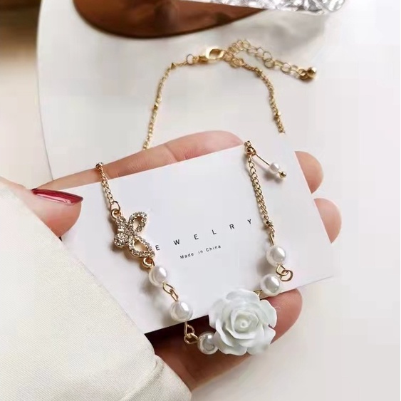 (Hello Girl)X38 Fashion Wanita Kombinasi Kalung dan Gelang Bunga Mawar Putih Import