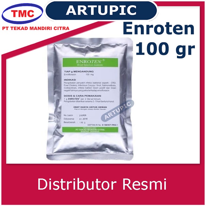 Enroten 100 gr Obat Hewan Flu Batuk Sakit Pencernaan Snot CRD Komplex Pernafasan Unggas ENROFLOXACIN Kelompok Fluoroquinolone ampuh membunuh mikroorganisme penyebab penyakit pada unggas Ecoli Haemophilus Salmonella Pasteurella Streptococcus Staphylococcus