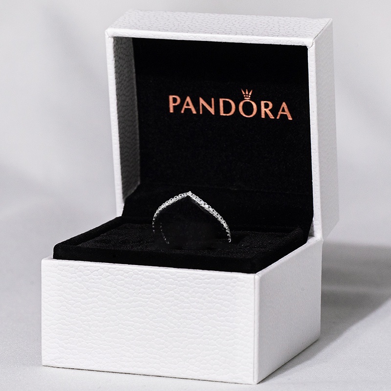 2pcs / Set Pandora Cincin 925 Silver Bentuk V Aksen Berlian Cubic Zirconia Dengan Kotak Untuk Wanita