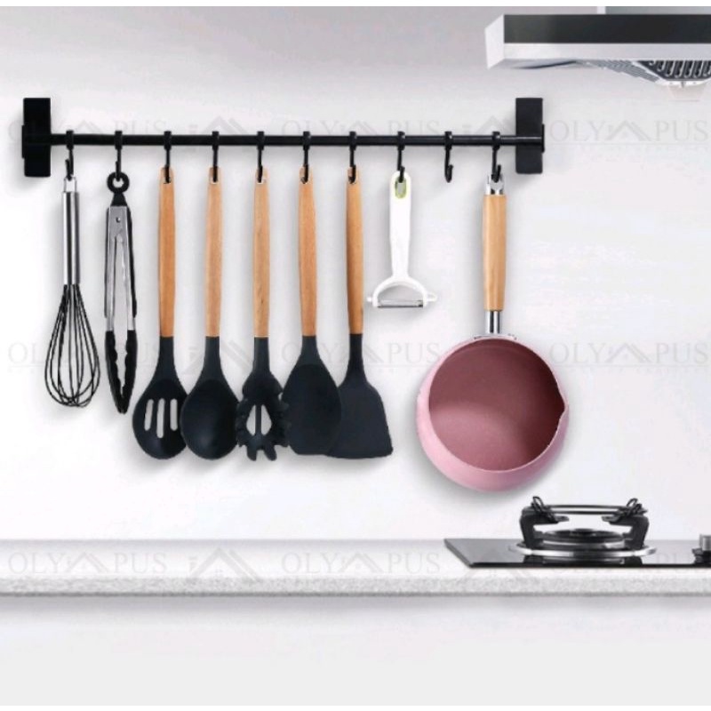 rack gantung dinding 1 tiang/Gantungan Alat Masak Dapur Spatula Panci Teflon Stainless Tempel Dinding 8 kait