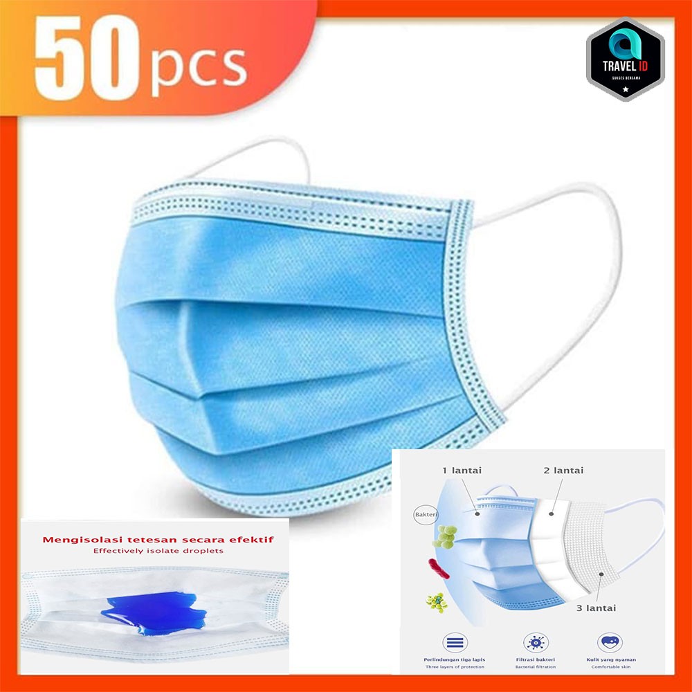 Disposable face mask masker 3ply 3 ply surgical bedah earloop isi 50