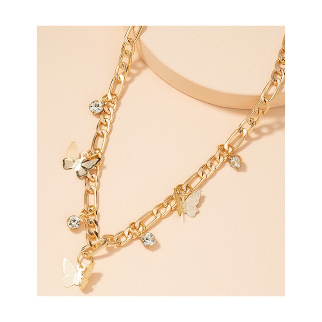 LRC Kalung Fashion Gold Color Multilayer Necklace With Butterfly And Diamond P88973