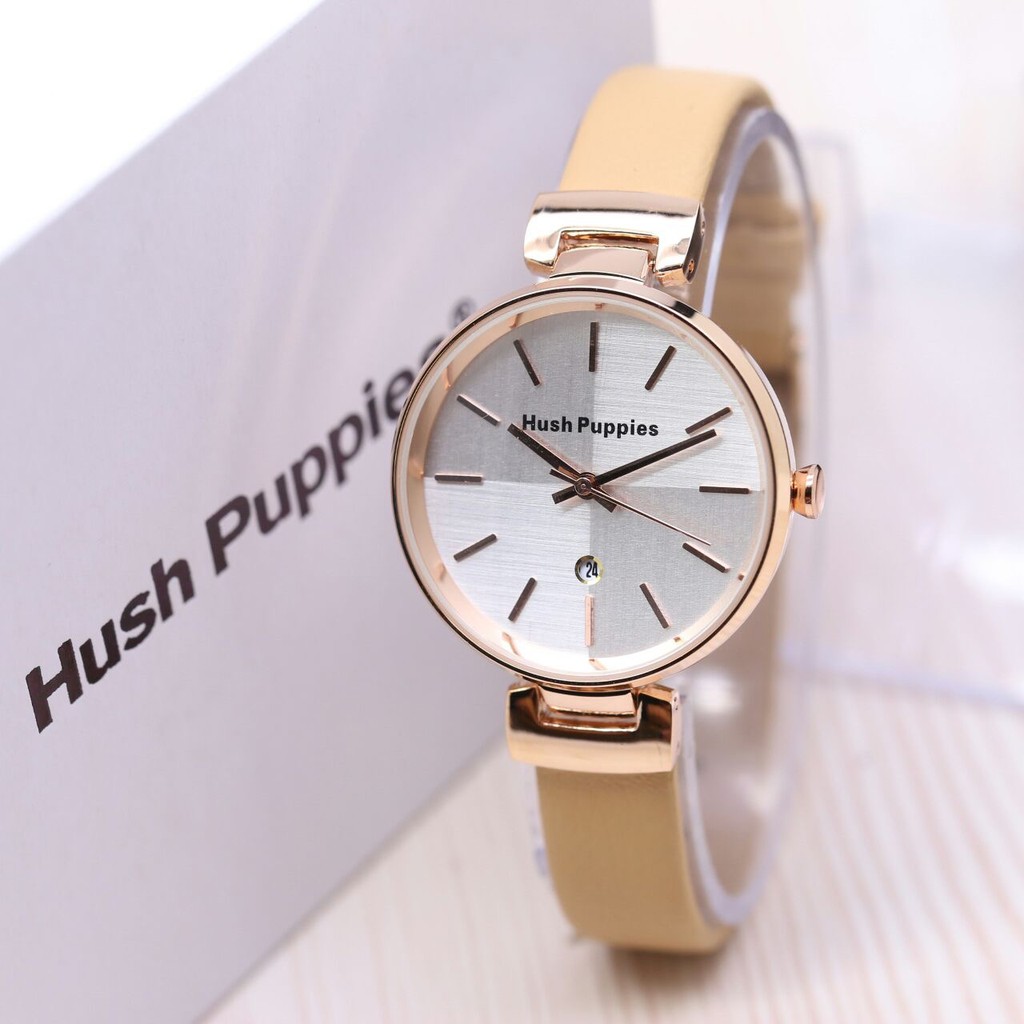 Jam Tangan Wanita/Cewek Simple Elegan Hush Puppies Kulit Polos Body Rosegold Super