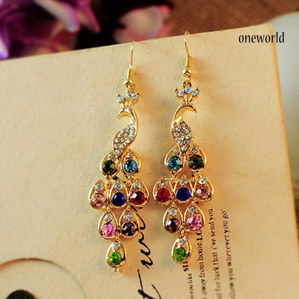 OW@ Women Bohemian Retro Peacock Eardrop Pendant Rhinestone Big Dangle Drop Earrings