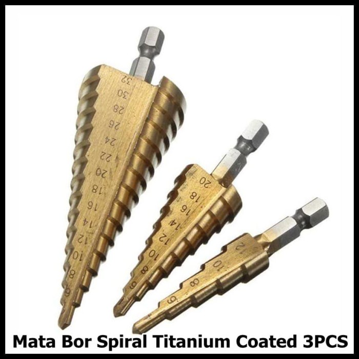 Mata Bor 3 Pcs Pagoda Step Drill Spiral Titanium Coated 3Pcs