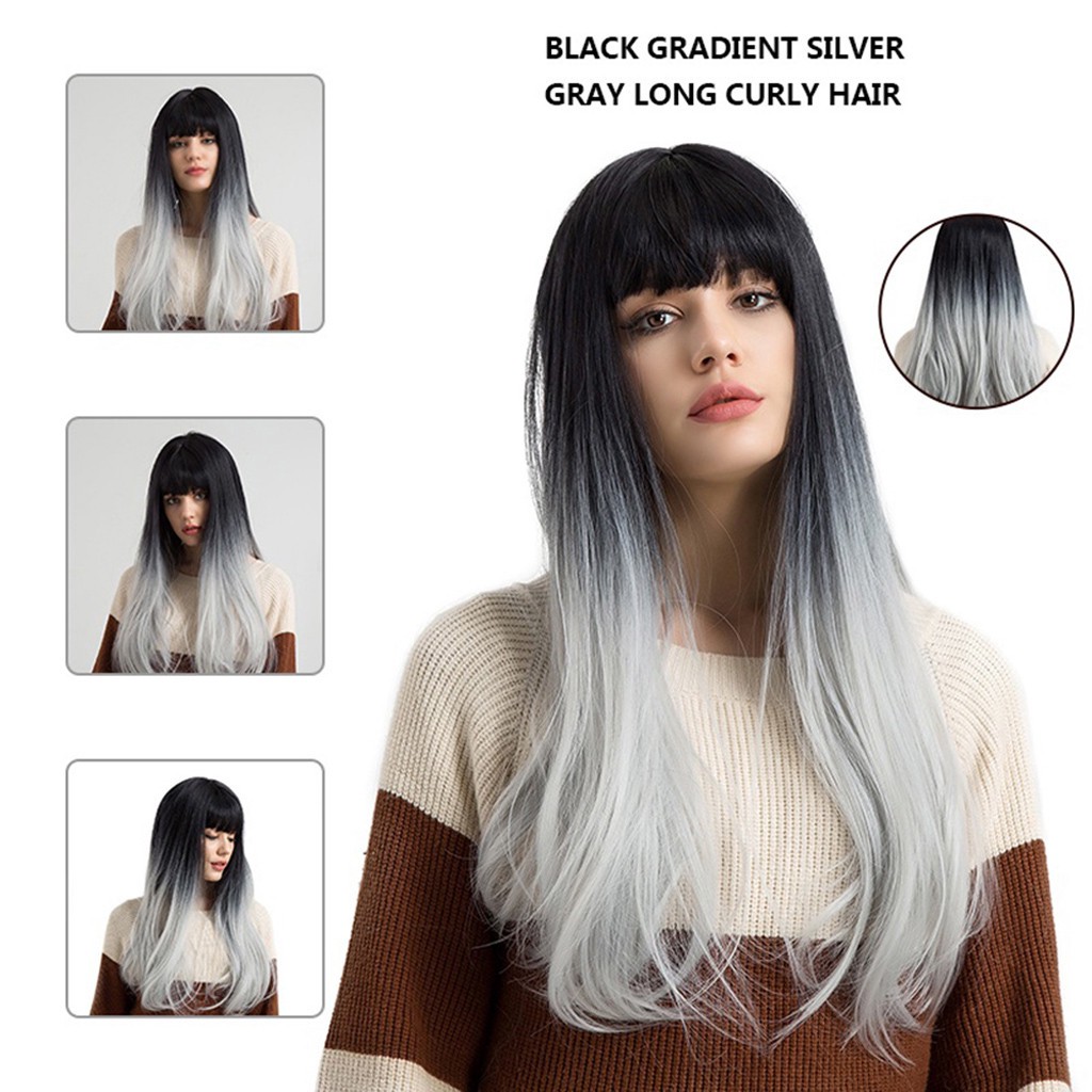 Women Gradient Gray Party Wigs Long Curly Hair Mixed Colors Sexy